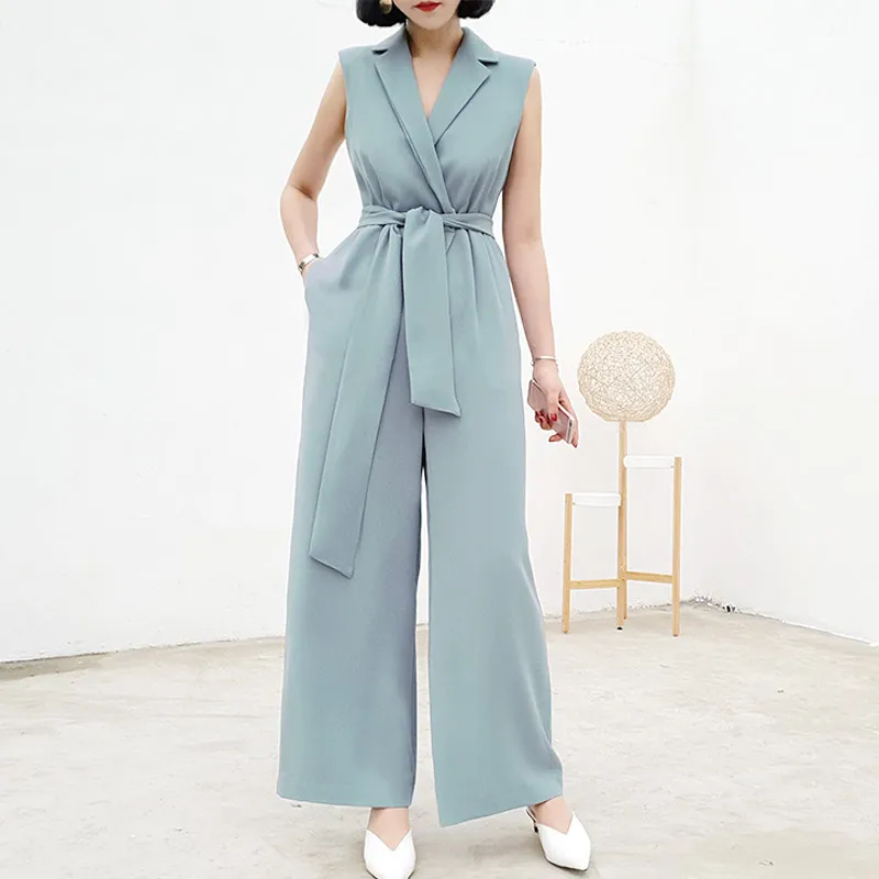 

Summer Sleeveless Notched Office Women Cloth Loose Long Work Casual Jumpsuit