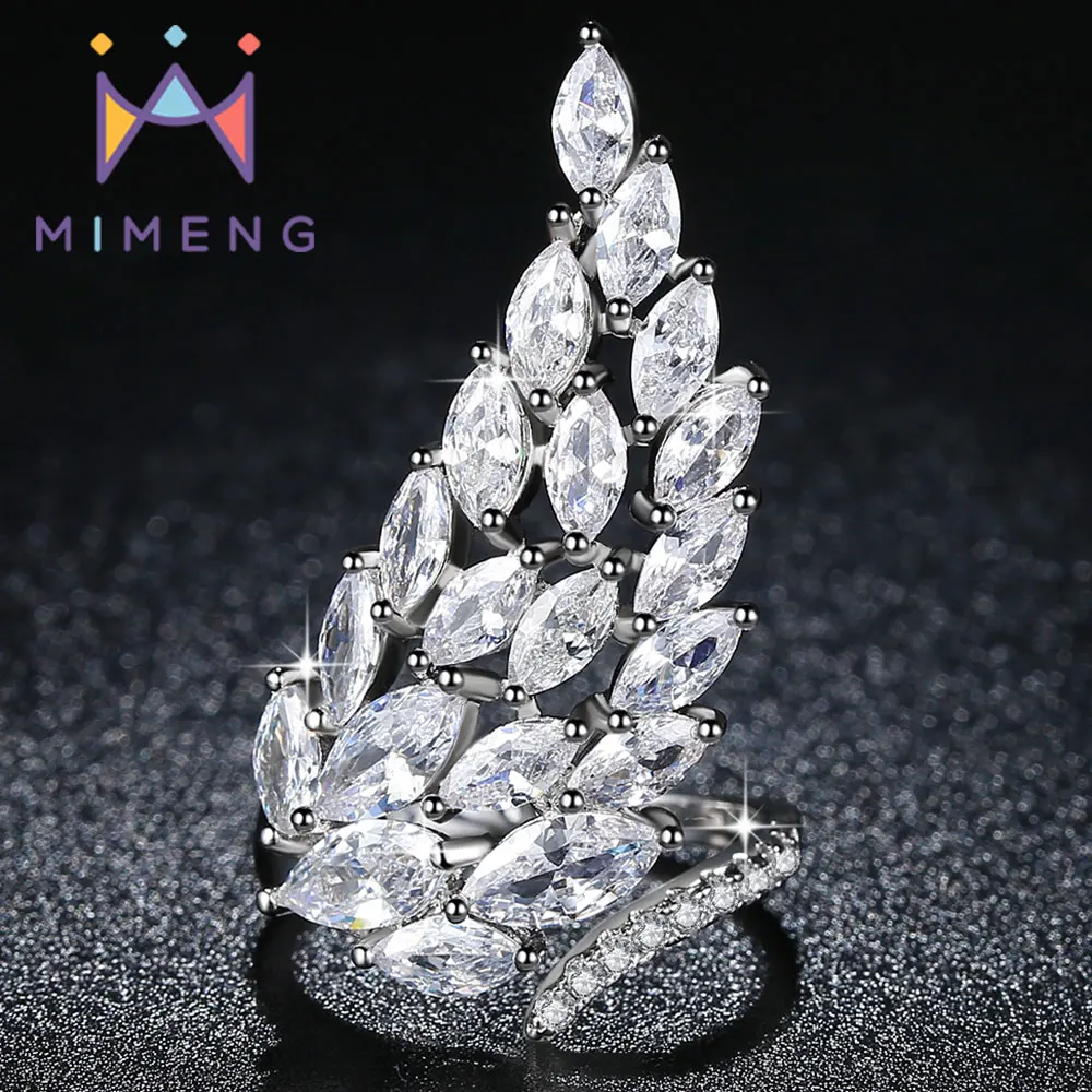 

Fashion New Angel Wing Feather Ring Rhodium Plated Ring Peacock tail Ring Shining Clear CZ Wedding Party Ring