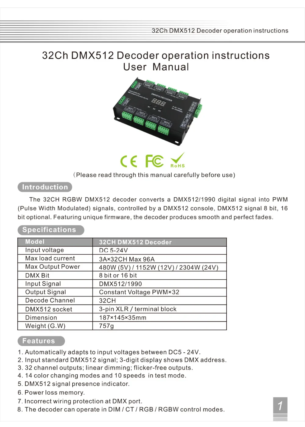 decodificador controlador dmx dimmer DC5-24V rgbw rgb led luz 8 bit 16 bit