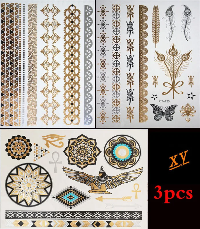 3PCS Wholesale Body Paint tattoo taty Glitter gold tattoo stickers Metal temporary flash tattoos ...