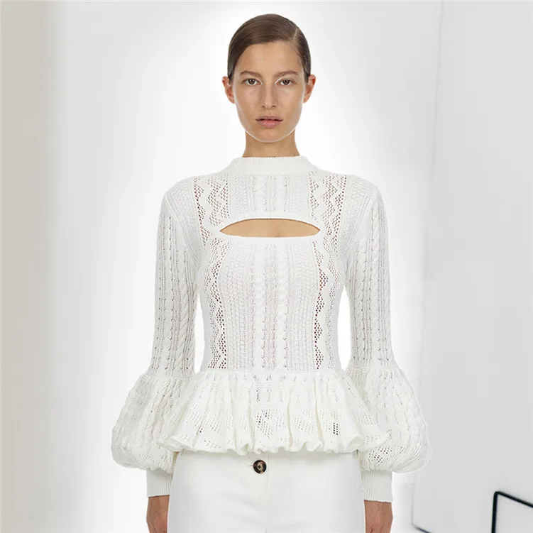 

Same 2019 Early Spring New White Lantern Sleeves Sexy Hollowed Out Sweater Temperament Warm Pullovers O-Neck Sweater Women