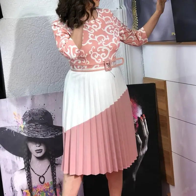 

Fashion Print Pleated African Dress Women Blue Elegant Belt Pink Sweet High Waist Patchwork Fashion Ladies Summer Casual Dresses