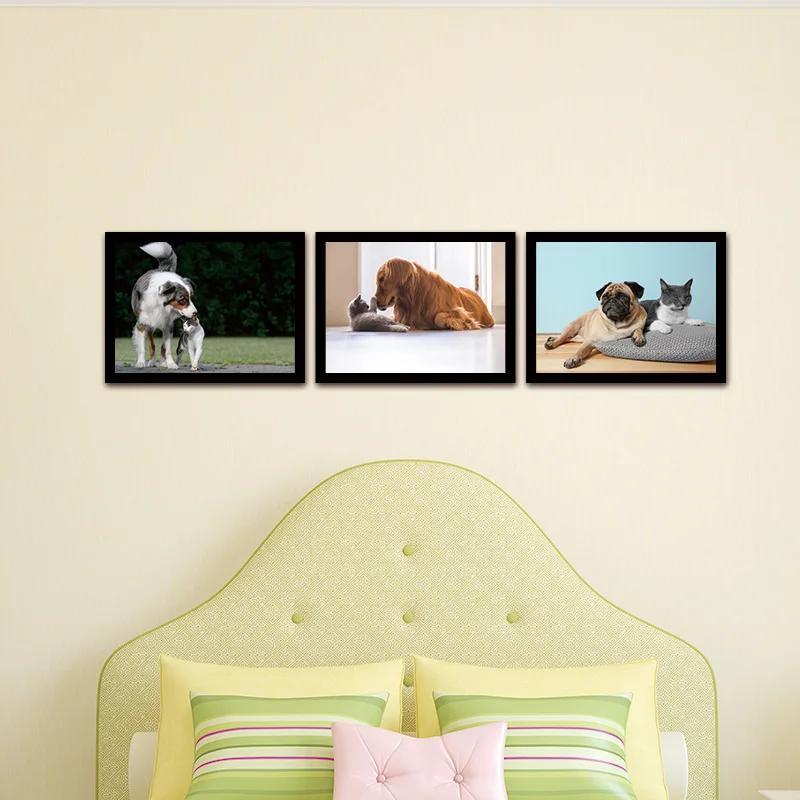 3 Panels Cat And Dog Canvas Printings Kids Rooms Wall Art For Living
