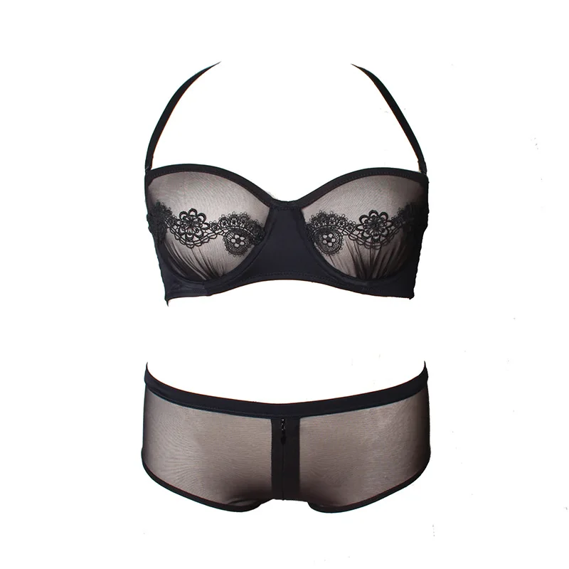 New Luxury Lace Embroidery Underwear Women Erotic Zipper Open Crotch Bra & Panty Set Ultrathin Transparent Push UP Sexy Lingerie