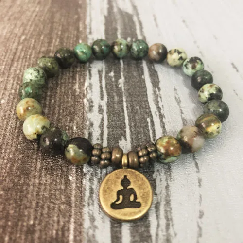 Популярные Om Лотос талисманы Будда браслет натуральный T-urquoise бисерный браслет для мужчин натуральный Африканский T-urquoise браслет - Окраска металла: Bronze Buddha
