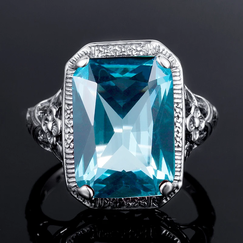 Szjinao Korean Wedding Ring Aquamarine Birthstone Promise Square Design 925 Sterling Silver Jewelry Simple Rings for Girls