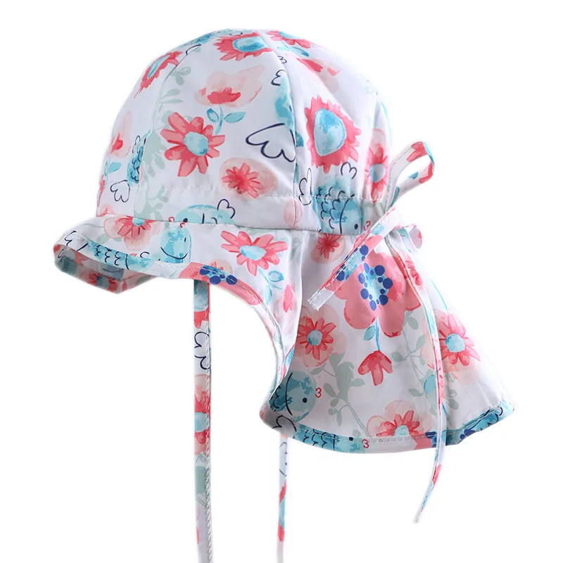 

Baby Girls Neck UV Sun Protection Hat Summer Infant Outdoor Quick Dry Caps Flower Print Beach Hat 2 3 4 Years Kid Cotton Hats
