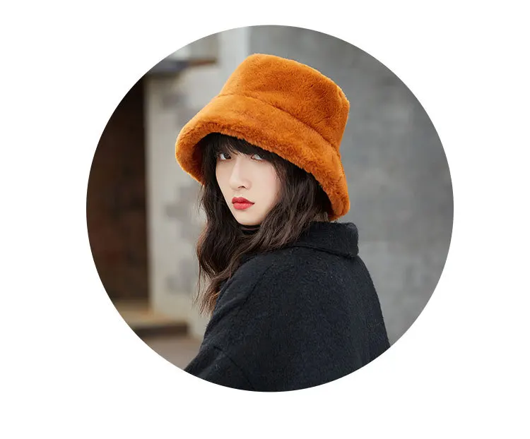 Fur Thick Warm Winter Bucket Hat Women Solid Color Girls Flat Top Velvet Fedoras Ladies Plush Bob Feminios Fashion Gorras