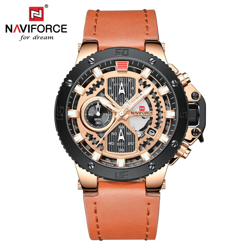 Мужские часы NAVIFORCE от ведущего бренда, роскошные спортивные часы с хронографом, военные армейские наручные часы, кожаные кварцевые мужские часы 9159 - Цвет: NA915902 without box