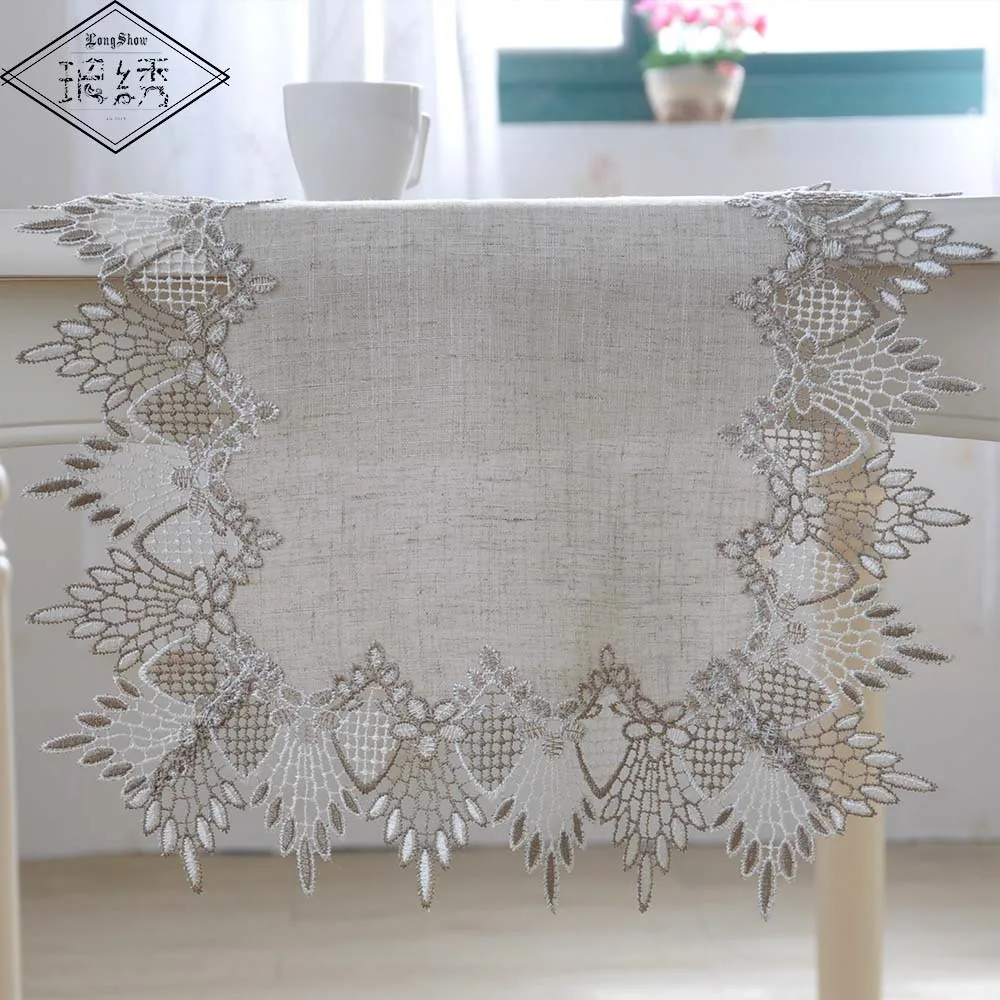 Handmade Simple Modern Primary Color Linen Table Cloth Lace Embroidered Linen Tablecloth Tv Cabinet Dust Cover Home Table Runner