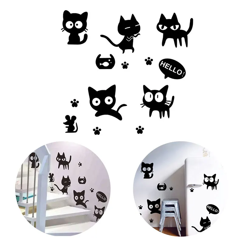 Funny Cat Wall Decal Sticker Cute Cat PVC Wall Stickers Big eyed Cat Abstract Cartoon Cat Home