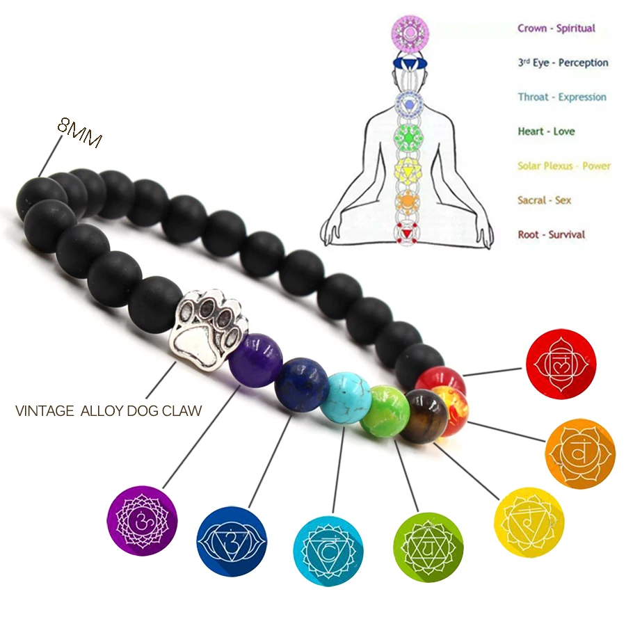 

7 Chakra Dog Claw Charm Bracelets Women Scrub Crystal Healing Yoga Beaded Bracelet Fashion Nature Stones Lovers' Rainbow Jewelry