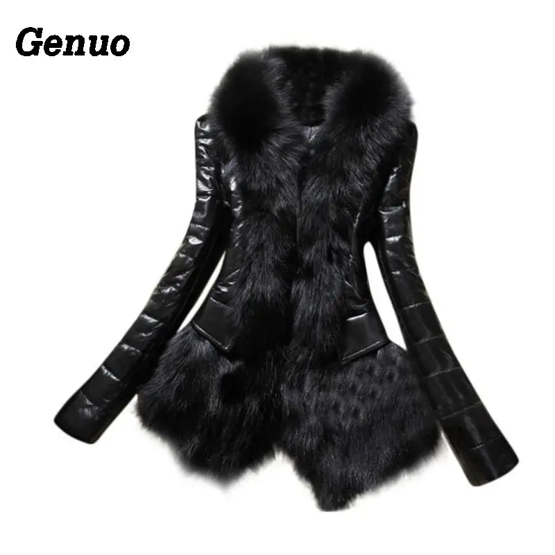 

Genuo Winter Leather Jacket Women Patchwork Faux Fur Collar Winter Coat Parkas Fashion Female Down Overcoat Jacket Hood Outwear