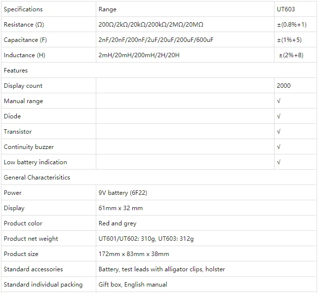 UNI-T UT603 современное сопротивление индуктивности Измеритель Емкости тест ers LCR метр конденсаторы Омметр w/hFE Тест