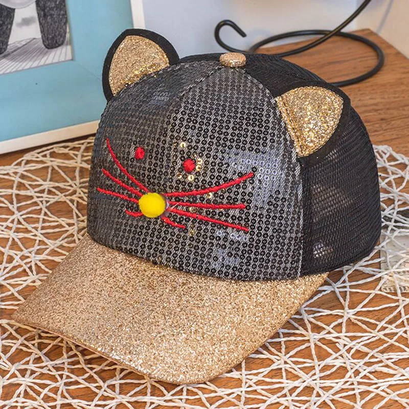 

2017 Summer New Children Snapback Sequins Net Cap Cat Smiling Face Sun Hat Hip Hop Baseball Cap For Boys Girls