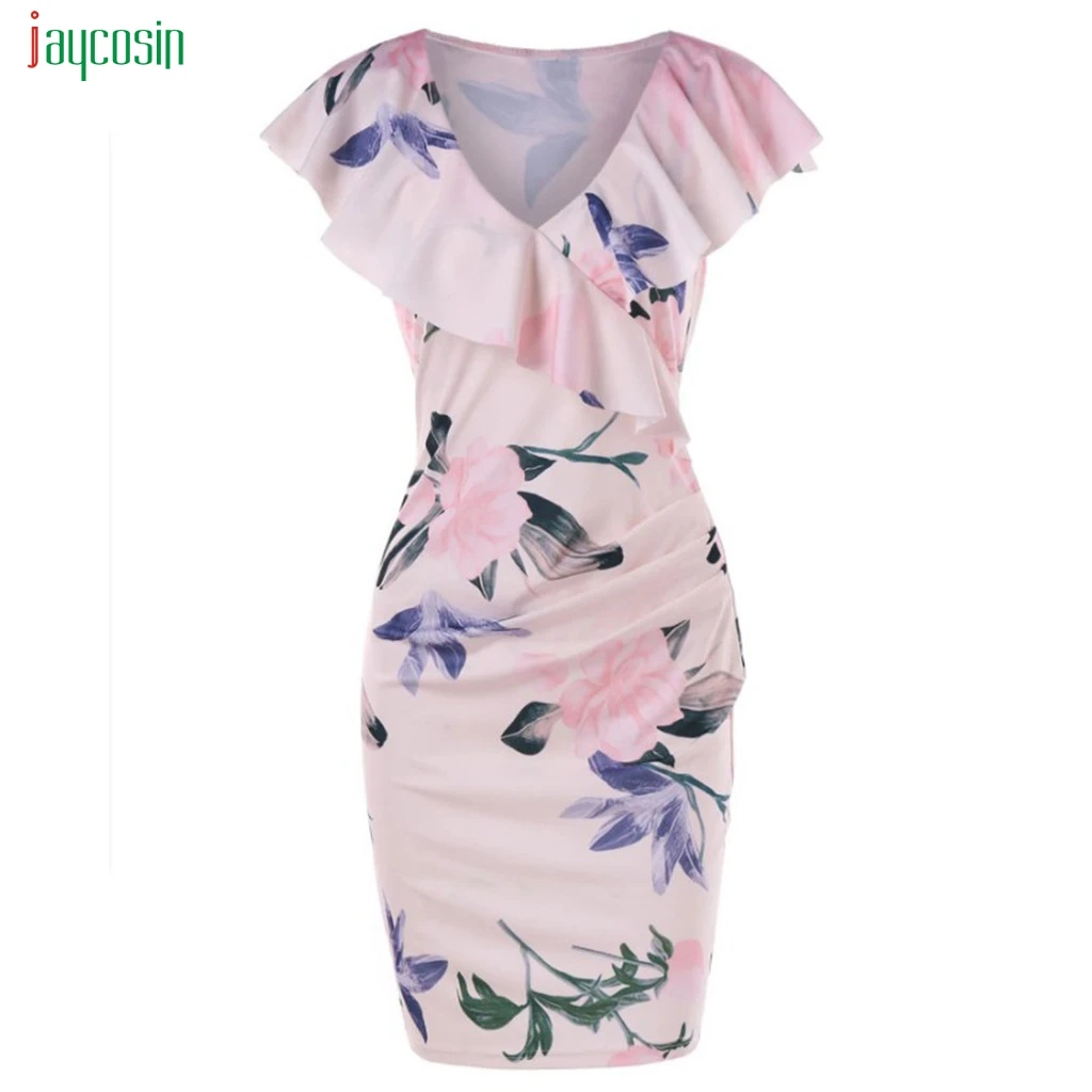 

Jaycosin Elegant Casual Sheath Dress Womens Summer Floral Print Mini V-neck Dress Ruffles Party Vestidos Verano New Arrival