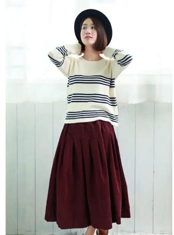 Literature Plus Size Style Corduroy Skirt Mid-length Vintage Loose A-line Type Skirt Elastic Waist Pleated Bubble Long Skirt 13