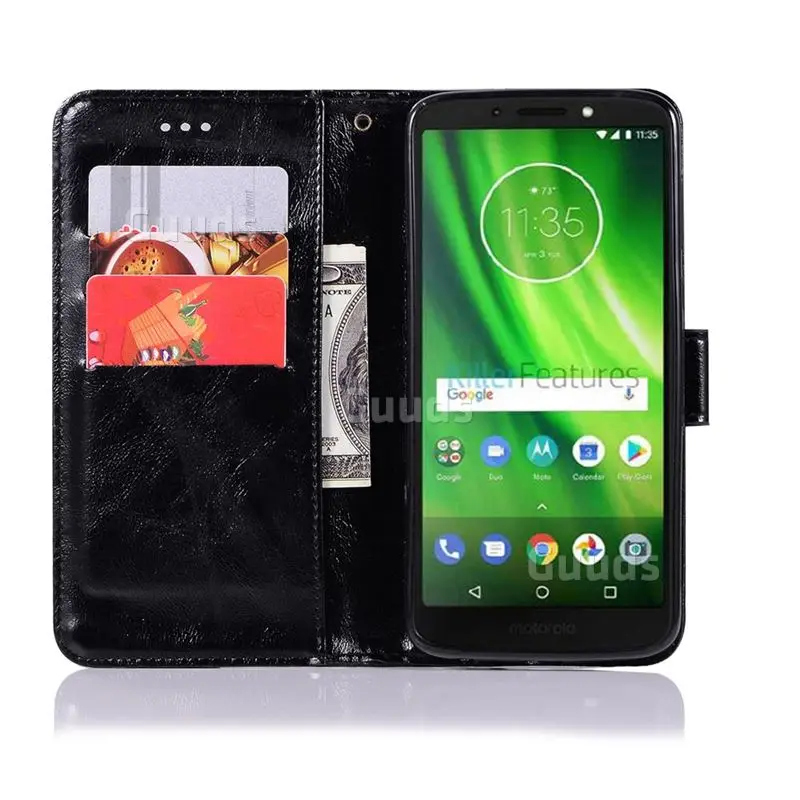 Luxury Retro Leather Wallet Case for Motorola Moto G6 - Black