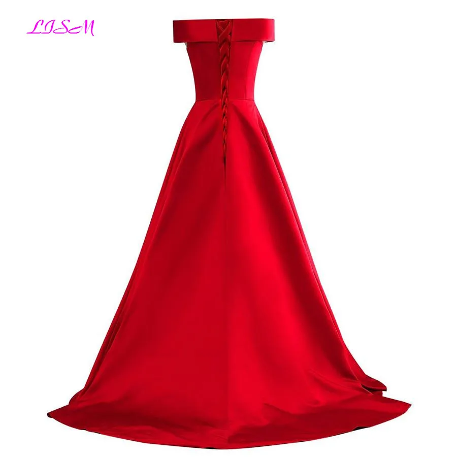 Красный с открытыми плечами атласная Элегантные платья для выпускного Длинные вечерние деловые платья Плюс Размер A-Line вечерние платье 2019