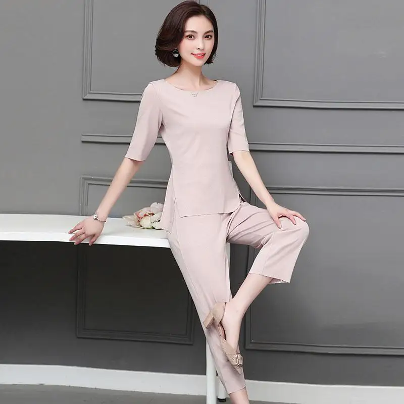 satin pajamas for women M-5xl Summer Two Piece Sets Women Half Sleeve Tops And Pants Suits Pink Black Casual Office Elegant Women's Sets 2019 matching workout sets Women's Sets