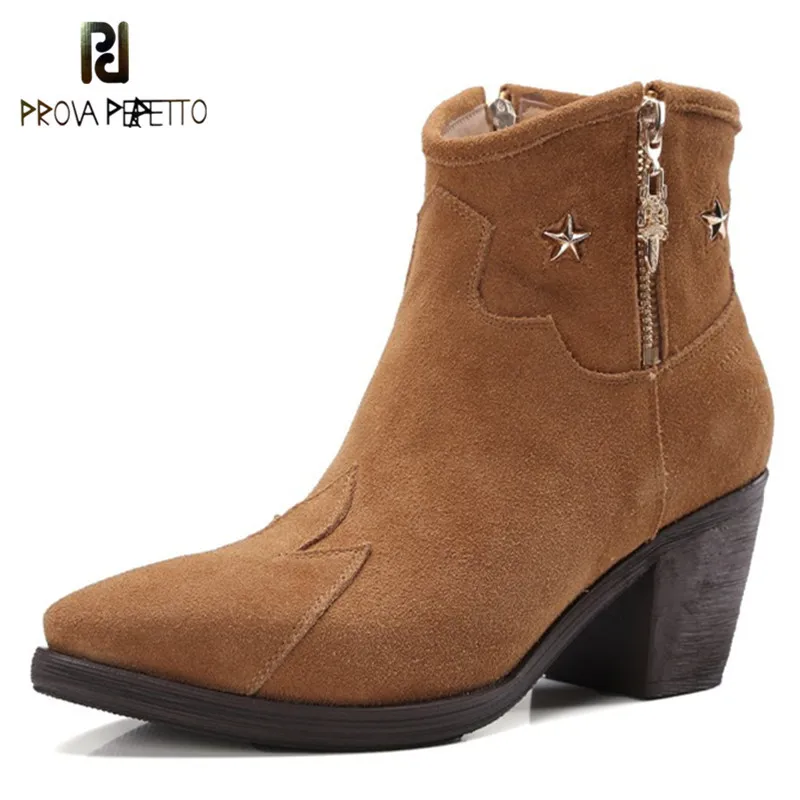 

Prova Perfetto New Pointed-toe High Heels Boots Five-pointed Star Decoration Boots Real Leather High Heel Ankle Boots For Women