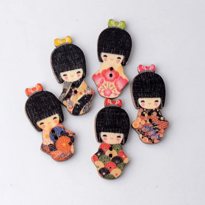 

Free Shipping 10Pcs Random Mixed Lovely Japanese Kimono Doll 2 Holes Wood Painting Sewing Buttons Scrapbooking 18x39mm F0020