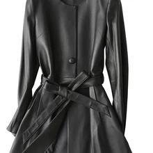 Женская куртка из натуральной кожи, повседневное пальто из натуральной овчины, Женский Осенний длинный плащ, Куртки из натуральной кожи YQ359