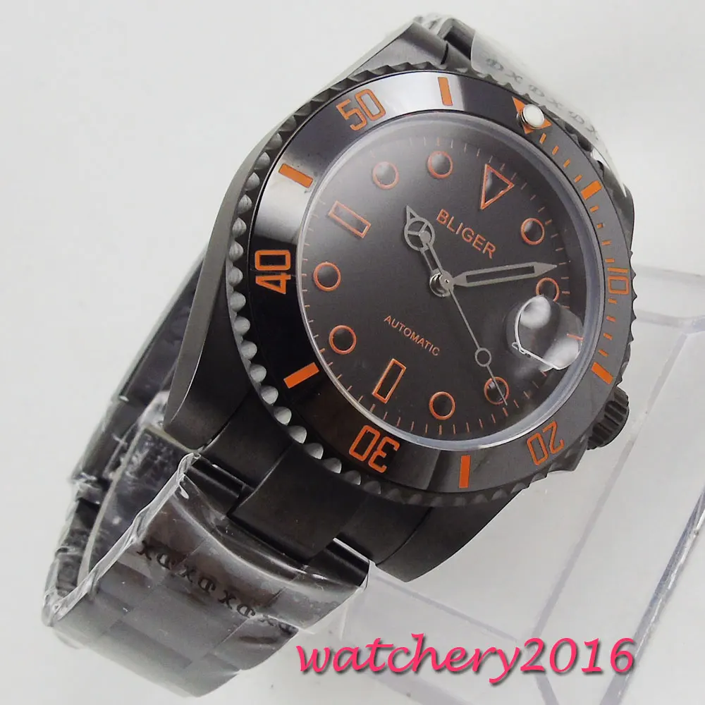 

40mm Bliger Black Dial ceramic bezel Sapphire Glass PVD Case Orange Marks Automatic movement men's Watch
