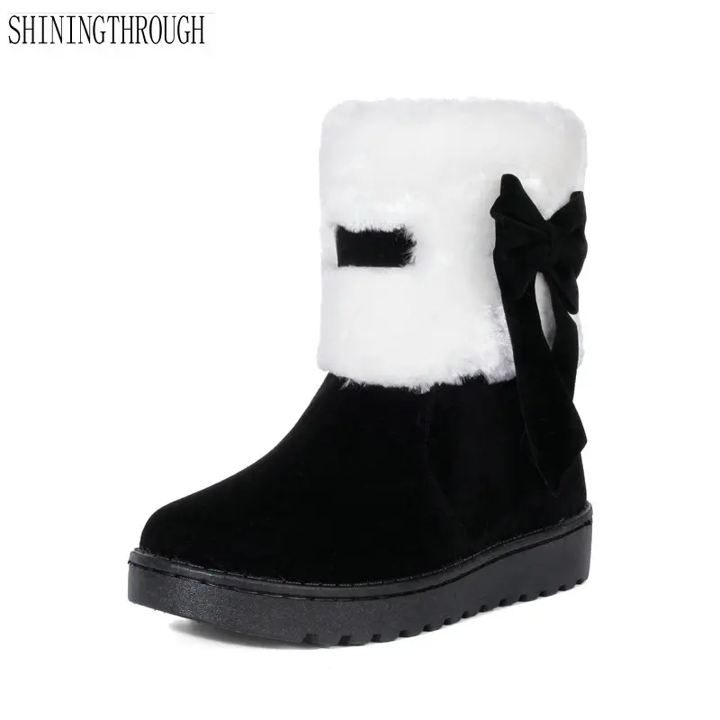 

NEW sweet bowties women boots winter warm snow boots flat shoes woman black red apricot ankle boots ladies shoes