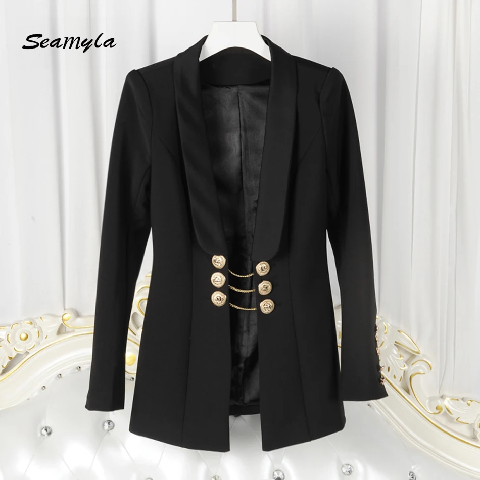 

Seamyla High Quality Newest Fashion 2019 Paris Fashion Designer Blazer Women's Gold Buttons Chain Link Blazer Runway Outerwears