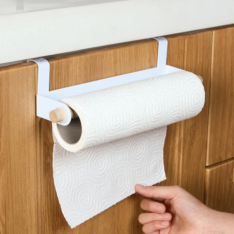 Metal Wall Hanging Holder Wood Towel Shelf Toilet Paper Organizer Rag Plastic Wrap Film Storage Racks Kitchen Accessories