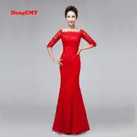 DongCMY Luxury bridal red Color 2019 Evening dress long formal neckline Lace bandage medium sleeve Women Gown Party Dresses