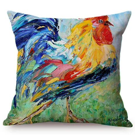 Hen Rooster Colorful Oil Painting Art Sofa Decoration Cushion Cover Rural Poultry Chicken Style Cotton Linen Square Pillow Case M082-9