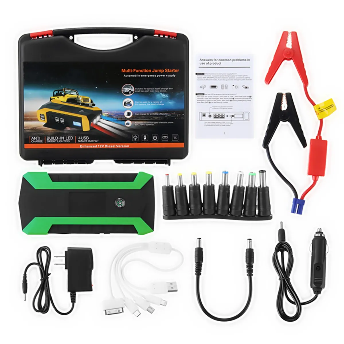 

Car Charger Battery Jump Starter LED Light Auto Emergency Mobile Power Bank Tool Kit Green 89800mAh 12V 4USB