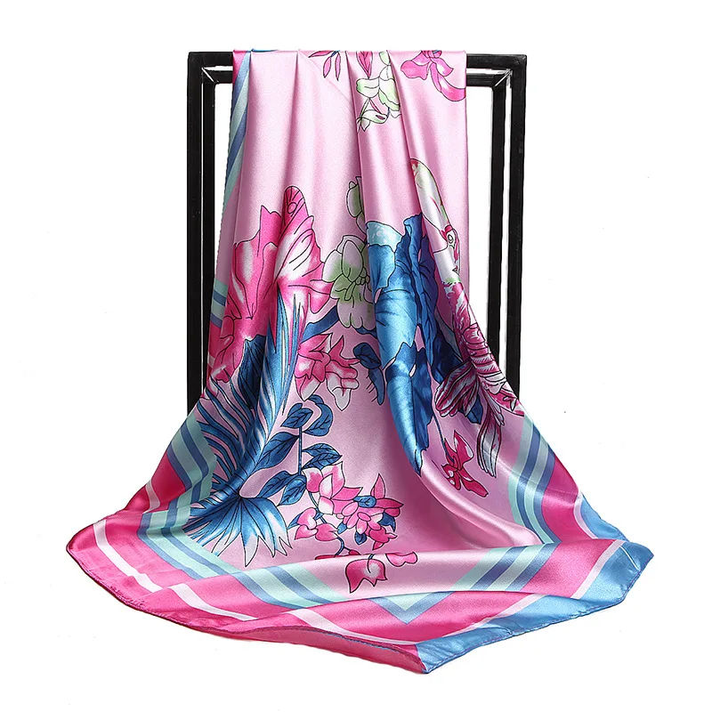 

90cm Square Scarf Woodpecker Butterfly Flower Faux Silk Scarves For Women Winter Fashion Muslim Hijab Large Shawls