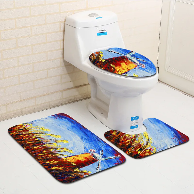 3Pcs Flannel Bath Mat Digital Printing and Dyeing Oil Painting Toilet
