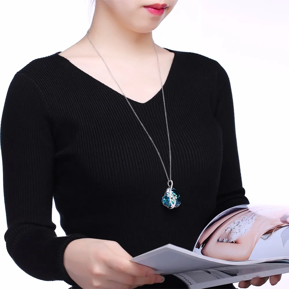 

WARM COLORS Crystal Swarovsk Women Necklace Fine Jewelry Blue Crystal Heart Pendant Necklace I love you Fashion Jewelry Collares
