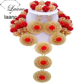 

Laanc Latest Opaque Red and Gold AB Crystal Ball Beaded Nigerian Beads Necklaces African Jewelry Set AL660