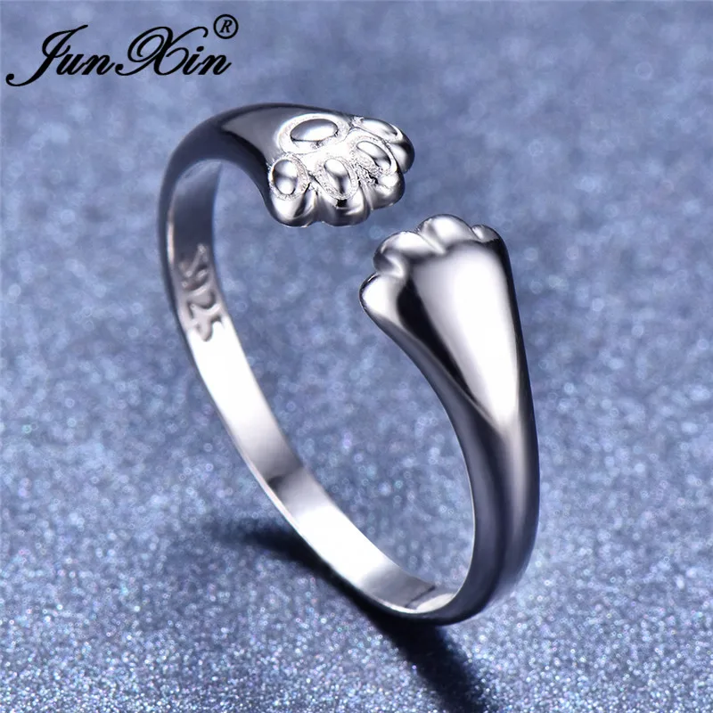JUNXIN Cute Bear Dog Cat Paw Rings For Women 925 Silver/Gold Filled Open Ring Female Animal Claws Ring Daily Korean Jewelry Gift