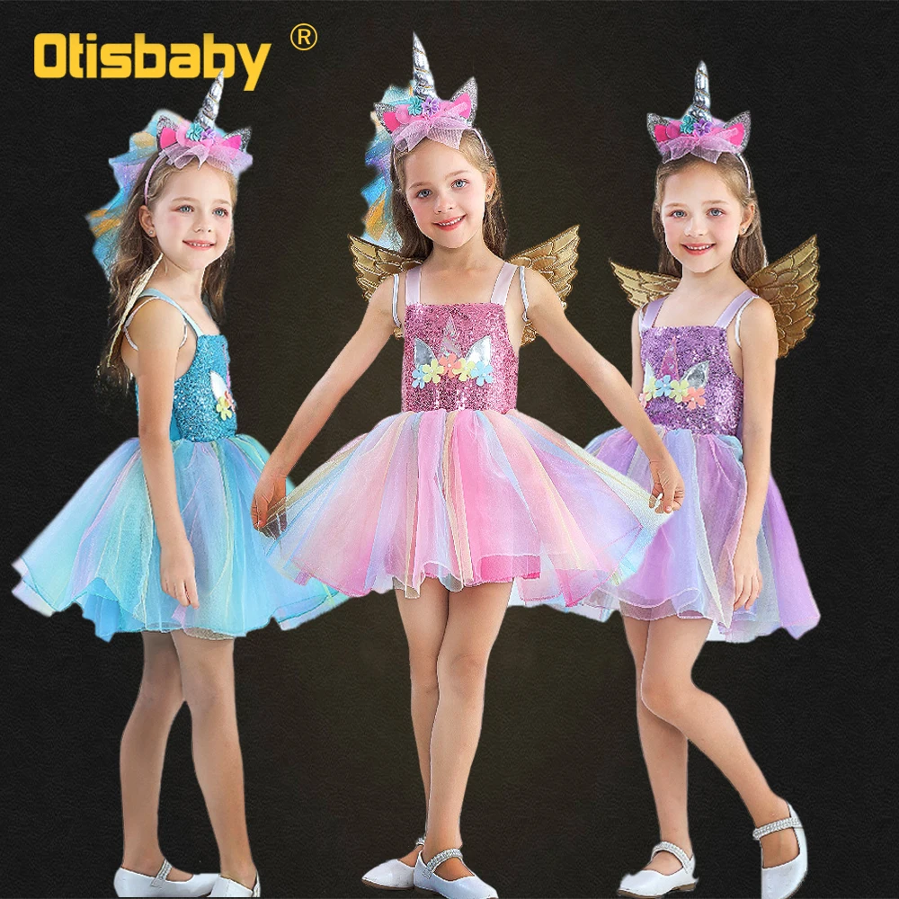 Летнее милое Радужное платье-пачка для девочек+ крыло+ повязка на голову с единорогом, розовый костюм на Хэллоуин с единорогом, детская Рождественская одежда с лошадью