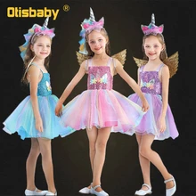 Летнее милое Радужное платье-пачка для девочек+ крыло+ повязка на голову с единорогом, розовый костюм на Хэллоуин с единорогом, детская Рождественская одежда с лошадью