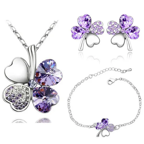 Кристалл Клевер 4 листа листья кулон в форме сердца, украшения наборы ожерелье серьги браслет для женщин любовник милые романтические подарки - Окраска металла: silver violet