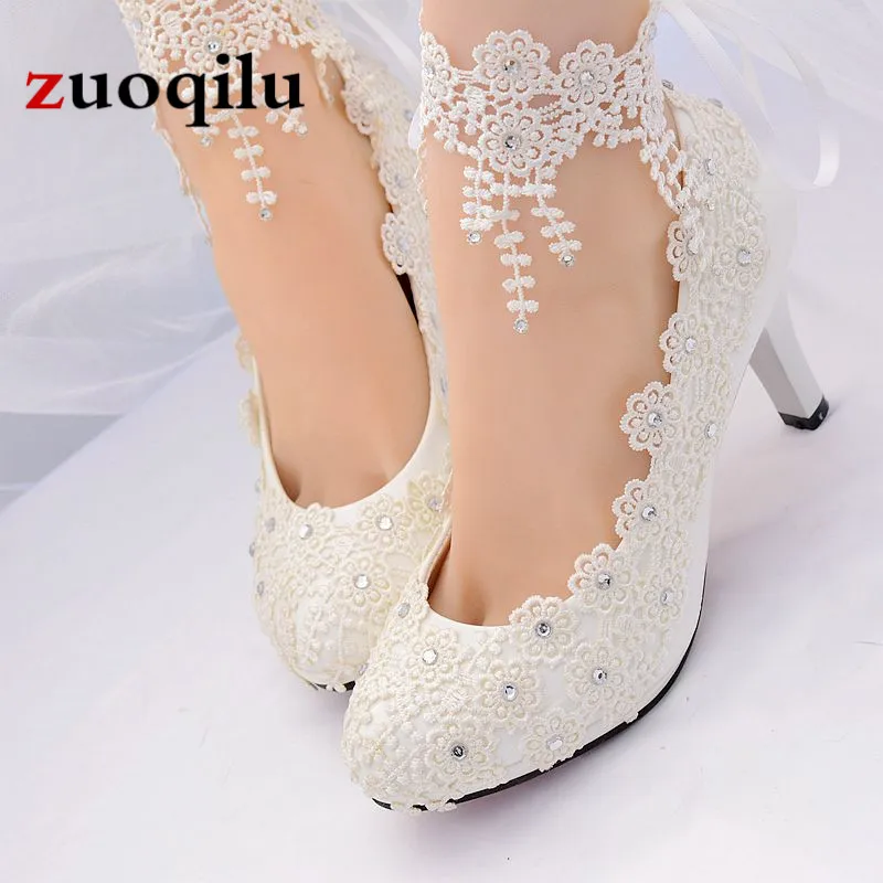 White High Heels Wedding Shoes Woman Lace Flower Bridal Shoes High