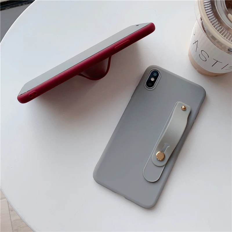 Simple Matte Candy Wrist Strap Hand Band silicone case for iPhone 6 6s 7 8 Plus X Xr Xs Max Back Phone Stand Ring Protect Cover