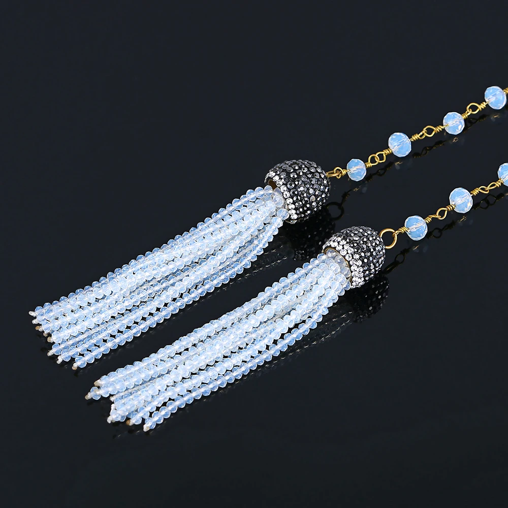 Европейское богемное ожерелье с натуральным камнем, голубой нефрит, белый опал, ожерелье с цепочкой из бисера, двойное Хрустальное Длинное колье с кисточками для женщин