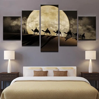 

HD Printed Pictures Modern Living Room 5 Panel Moon Camel Night View Painting Wall Art Modular Poster Home Decor Canvas Frame