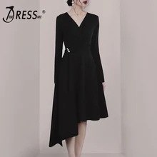 INDRESSME 2019 New Fashion Pearl Botton Black Solid Long Sleeves V Neckline Blazer Padded Midi Asymmetrical Ruffles Hem Dress INDRESSME 2019 New Fashion Pearl Botton Black Solid Long Sleeves V Neckline Blazer Padded Midi Asymmetrical Ruffles Hem Dress