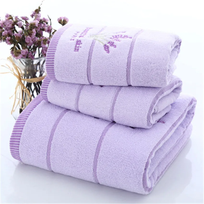 ZHUO MO 3pcs/Set 100% Cotton Lavender Towel Set One Piece 70*140cm Bath Towel Two Pieces 34*75cm Face Towels Gift Towel Set