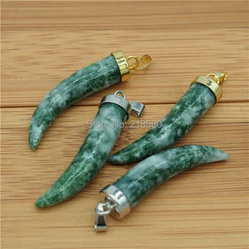

P15052118 Green Jaspers Horn Tusk Pendant with Gold Or Silver Cap