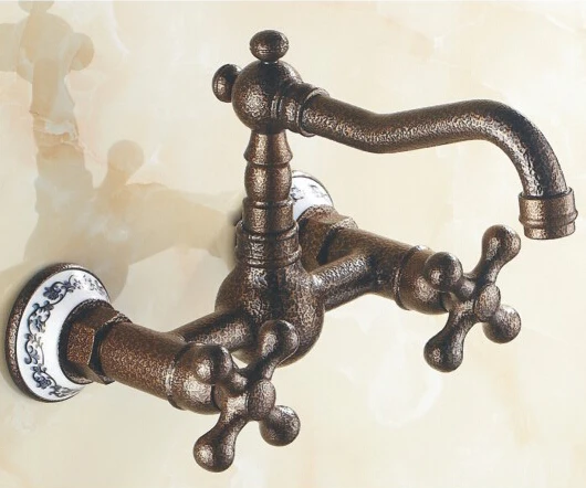 Настенный бронзовый кран для ванной комнаты с двойной ручкой, кран для раковины с фарфором RB1047